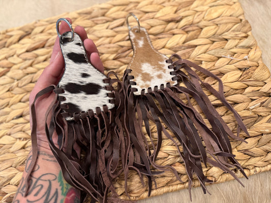 Cowhide fringe large keychains free engraving!!!