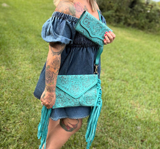 Teal tooled leather combo set