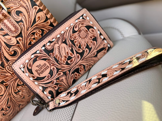 Tooled leather speedy and "Josie" clutch set (M)