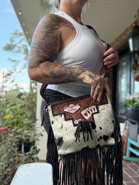 Card tooled leather crossbody