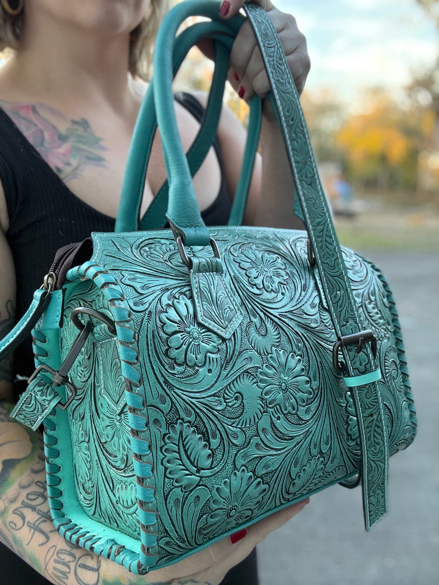 Medium TEAL tooled leather speedy tote