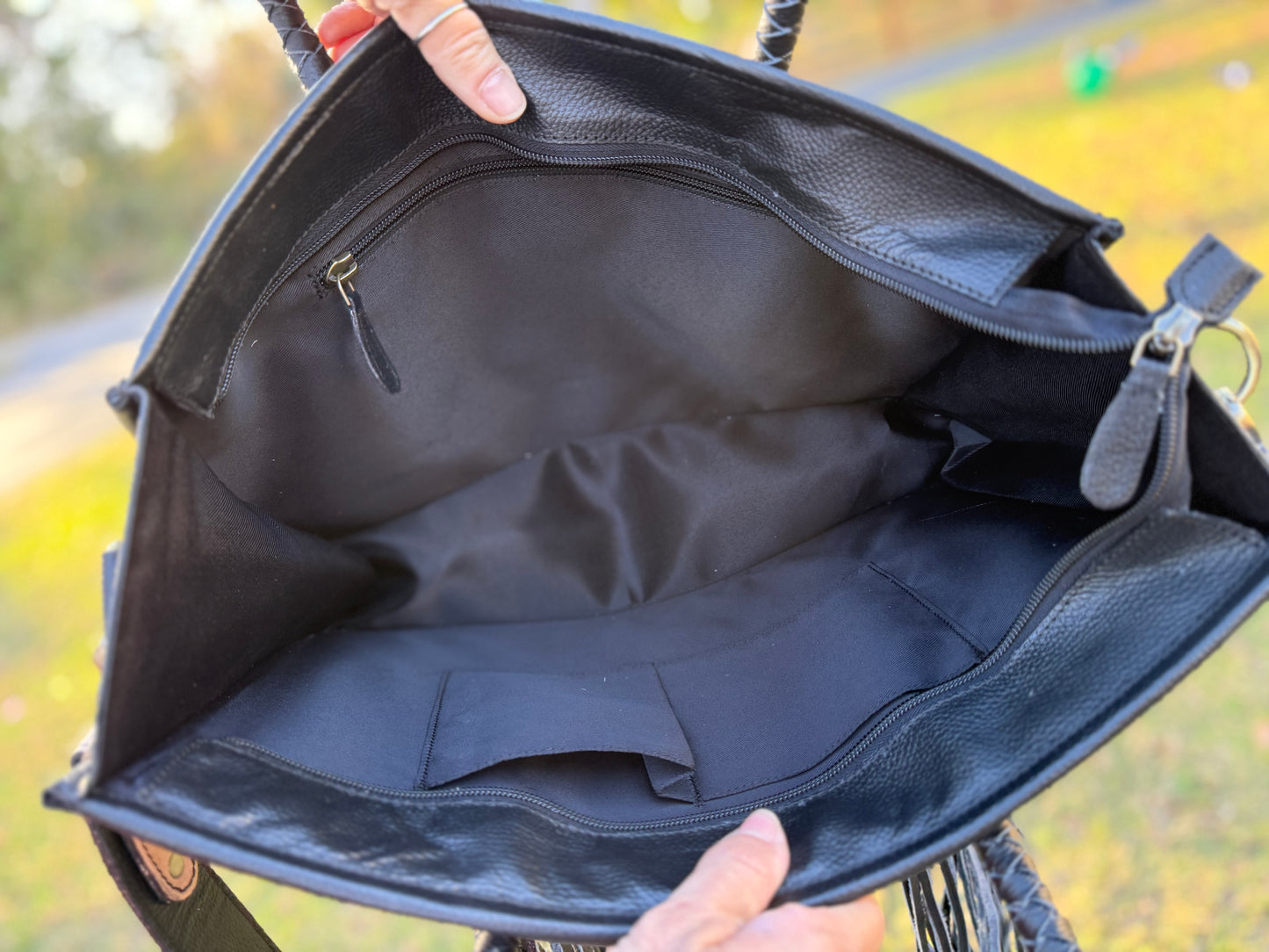 Large cowhide and tooled leather fringe Tote bag