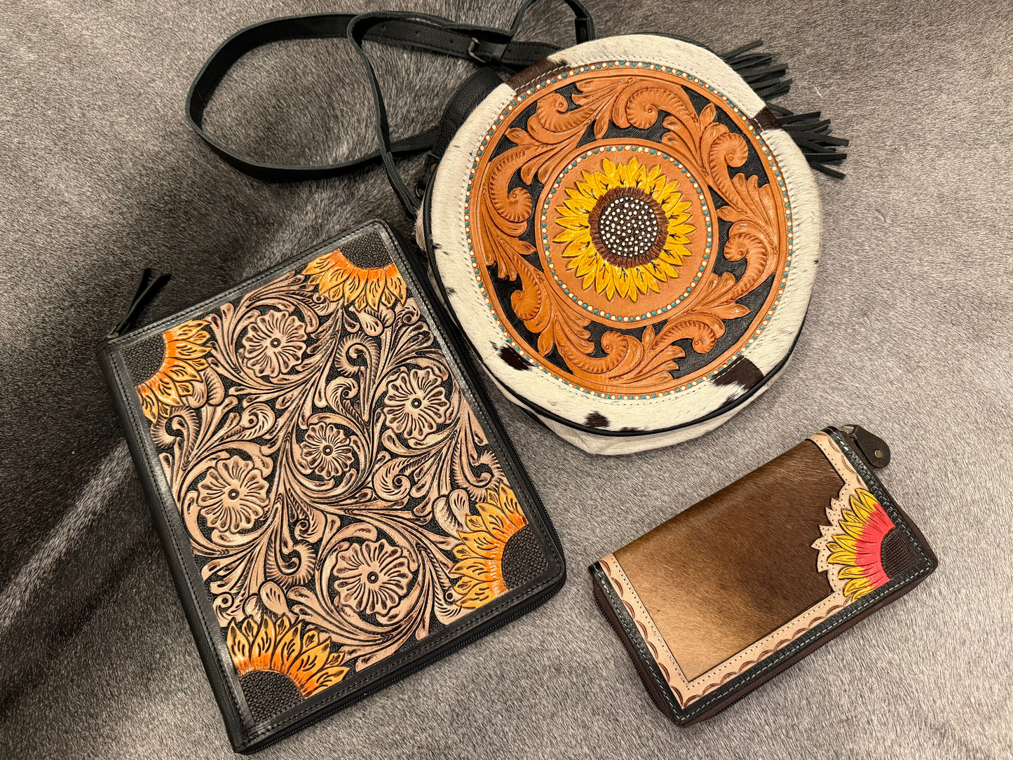 Tooled leather - Sunflower print canteen set - purse,planner,wallet