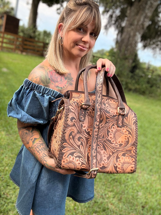 Brown - tooled leather Speedy bag