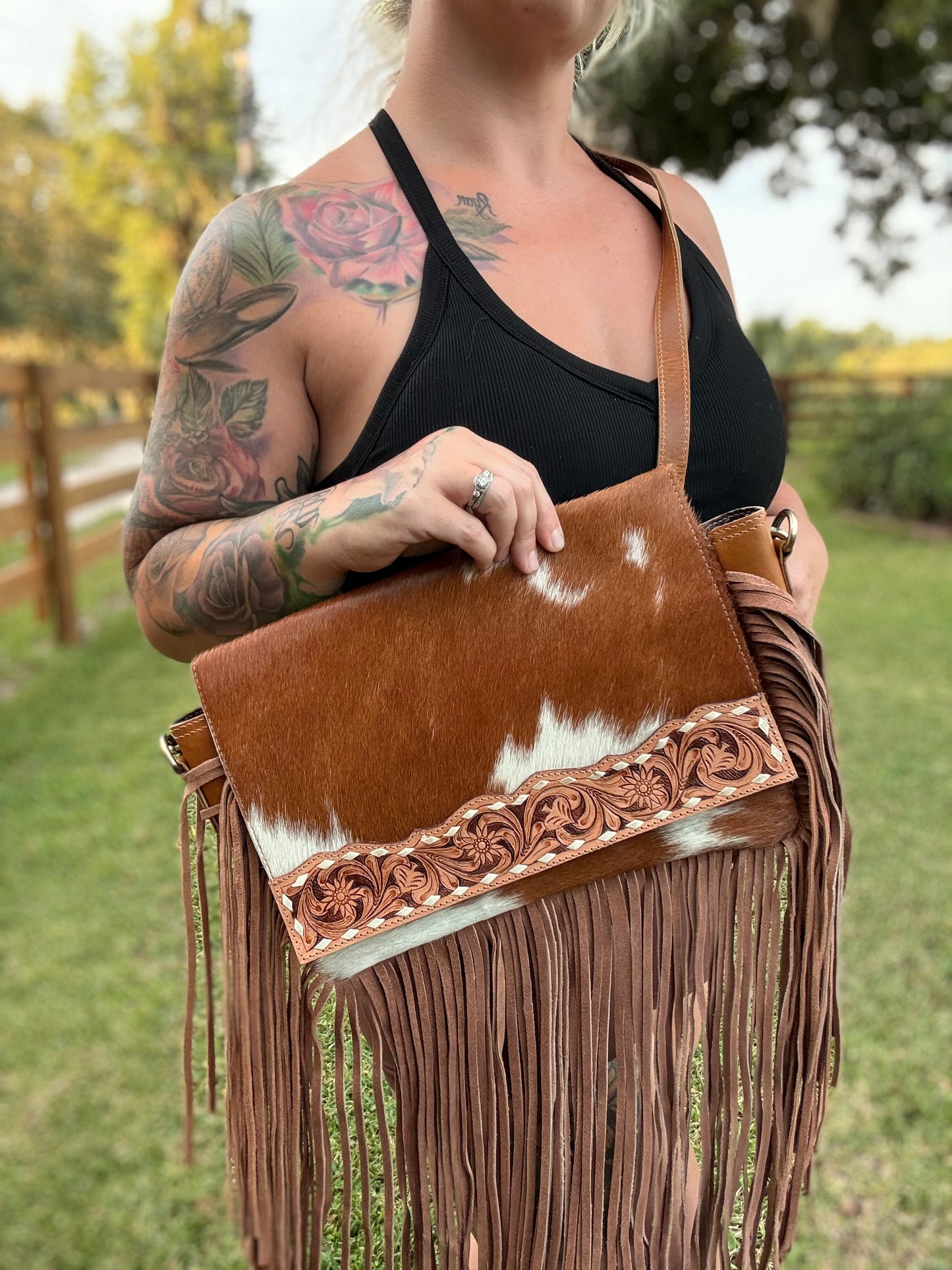 Tooled cowhide purse