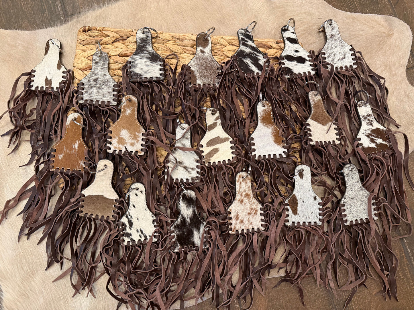 Cowhide fringe large keychains free engraving!!!