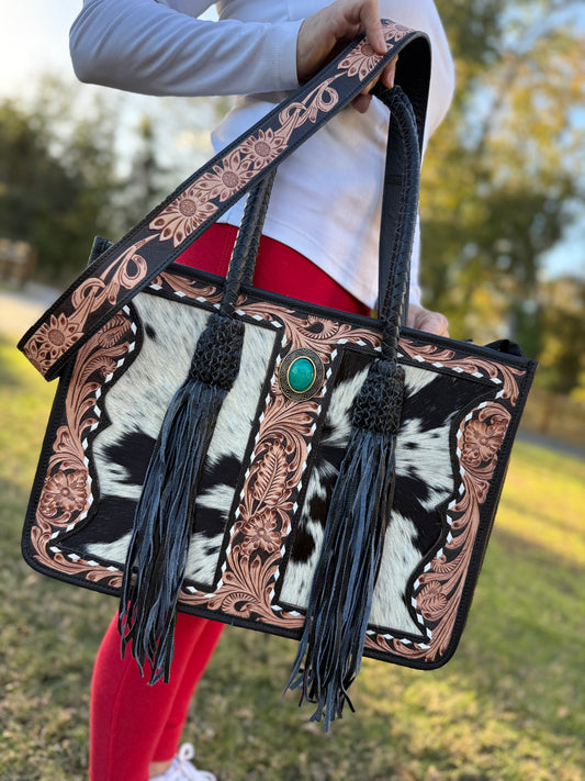 Large cowhide and tooled leather fringe Tote bag