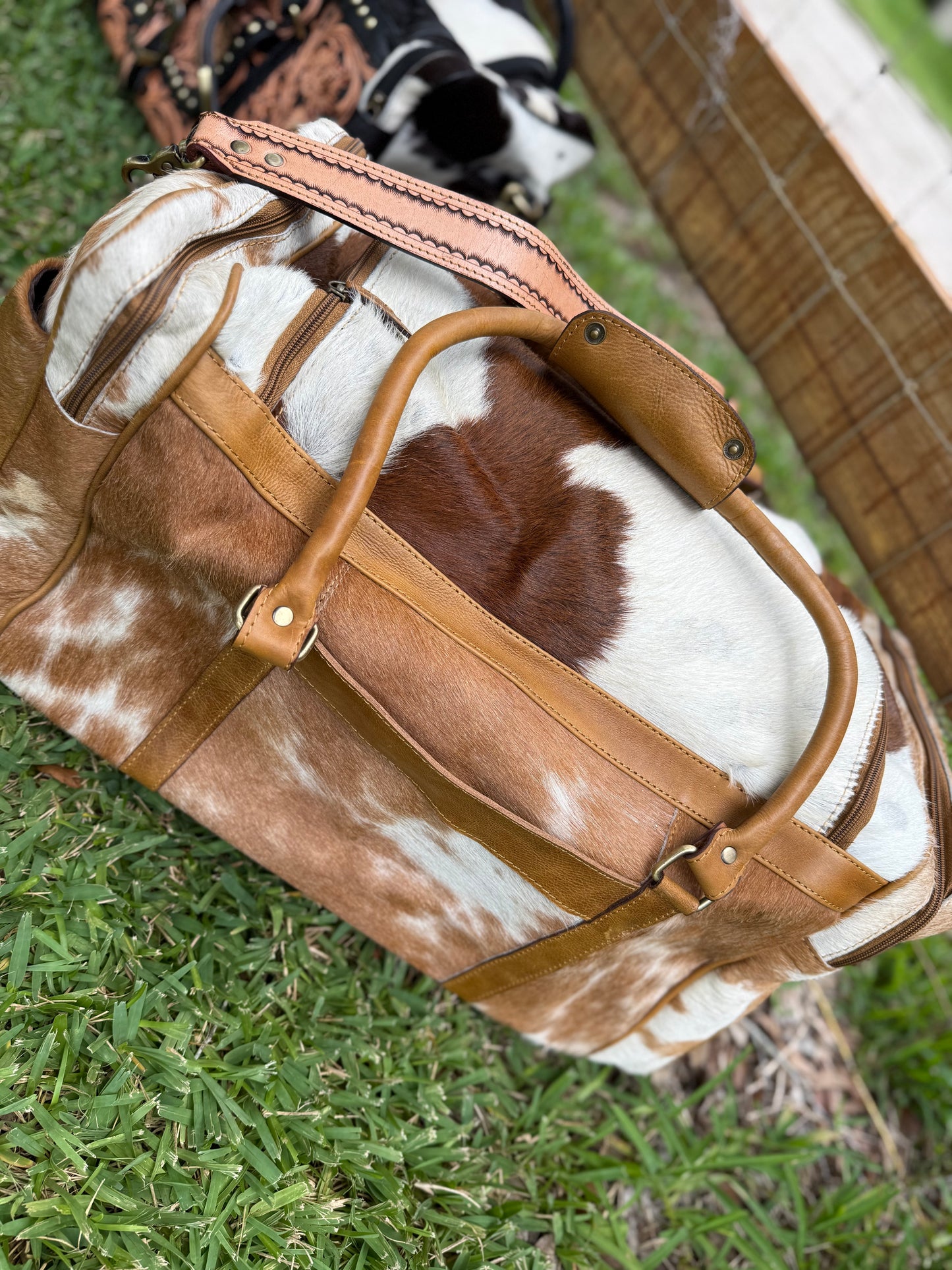 Duffle tooled leather and cowhide