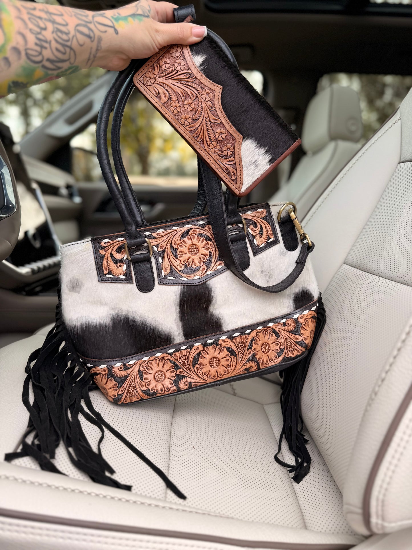 Tooled leather and cowhide Crossbody purse and wallet