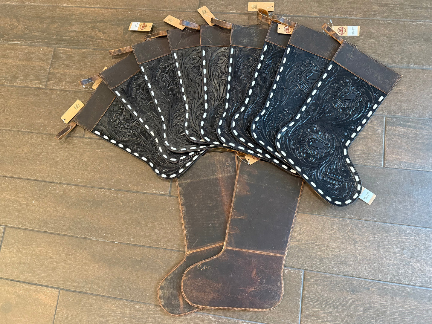 Leather Xmas stockings - dark and moody