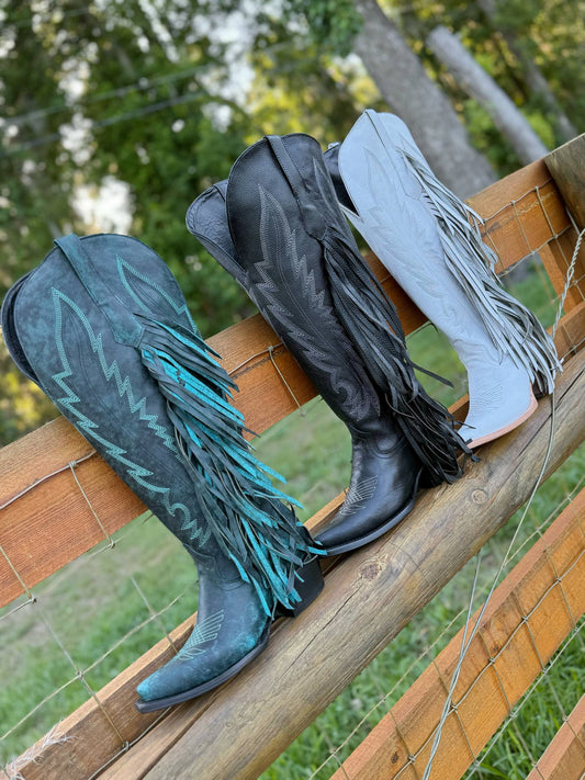 Teal Tall Fringe Wide Calf Friendly Snip Toe Cowgirl Boot - White