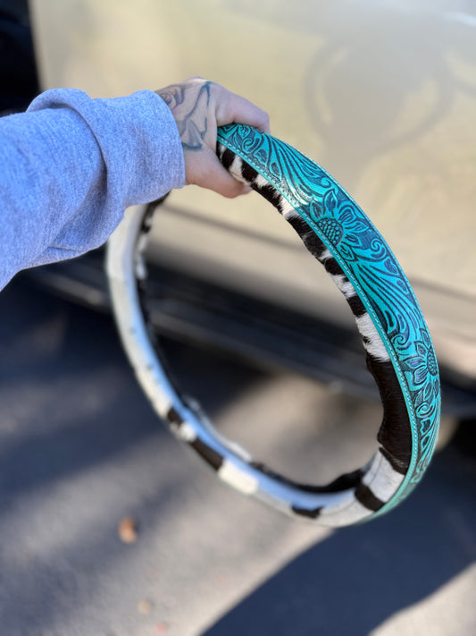 Teal 15.5 “ tooled leather cowhide steering wheel cover read description before purchase