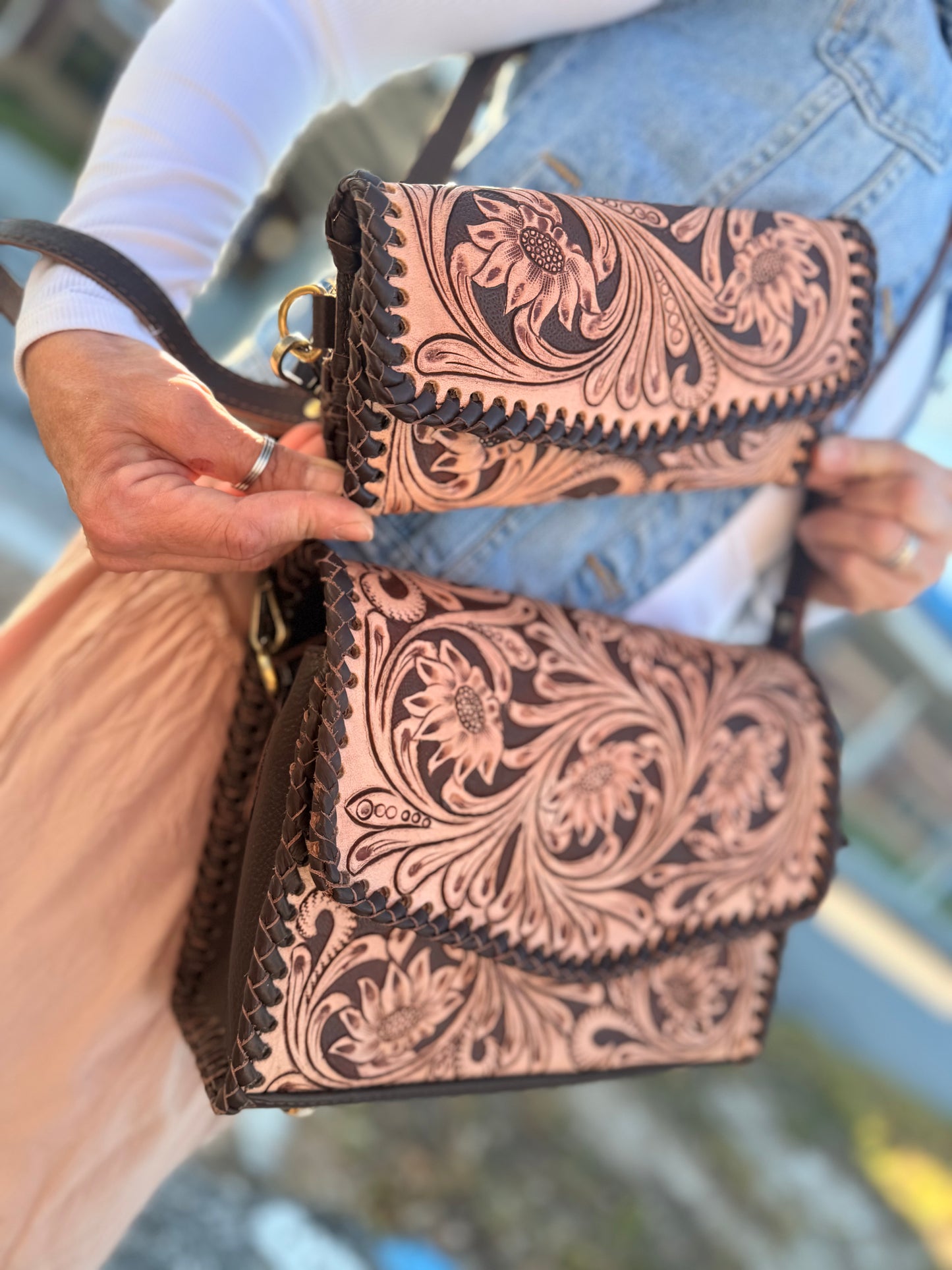 Tooled leather purse and wallet set 
