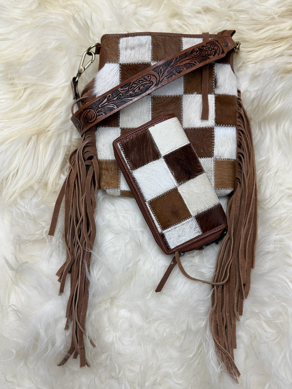 Brown Checker cross body set. 1 wallet and purse included
