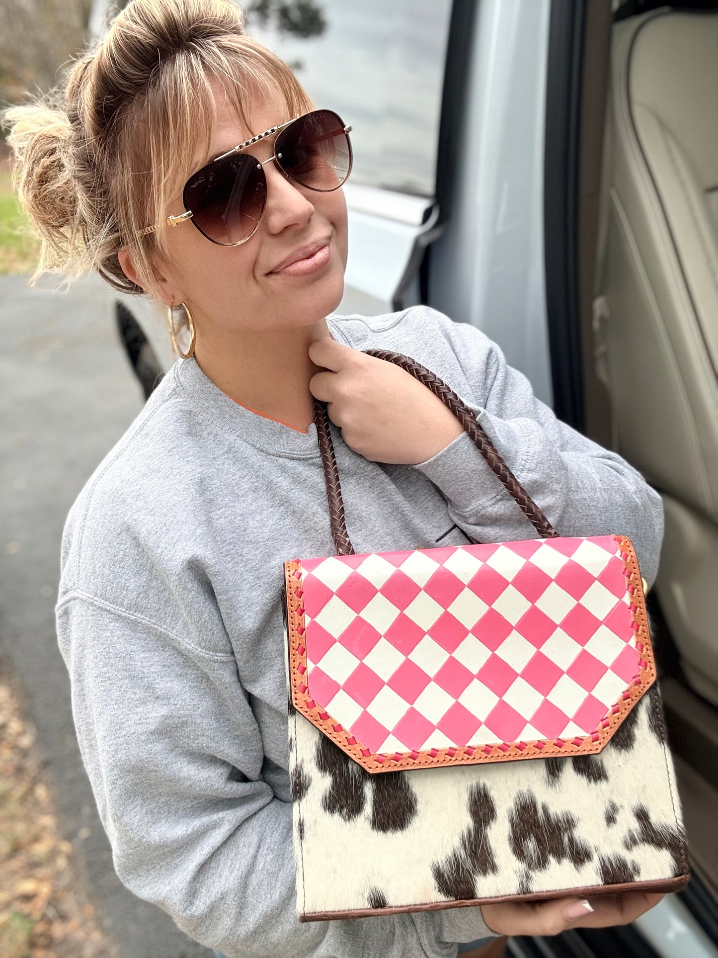 Pink checker tooled leather/cowhide purse