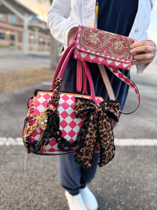 "Dolly Don’t Play" - pink and white tooled leather speedy (M)
