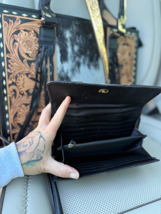 Black and brown tooled leather/ cowhide set