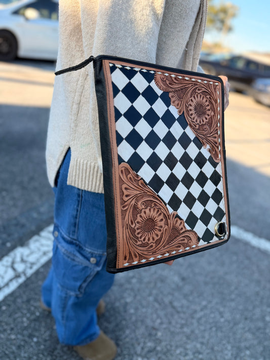 Tooled leather checker print binder