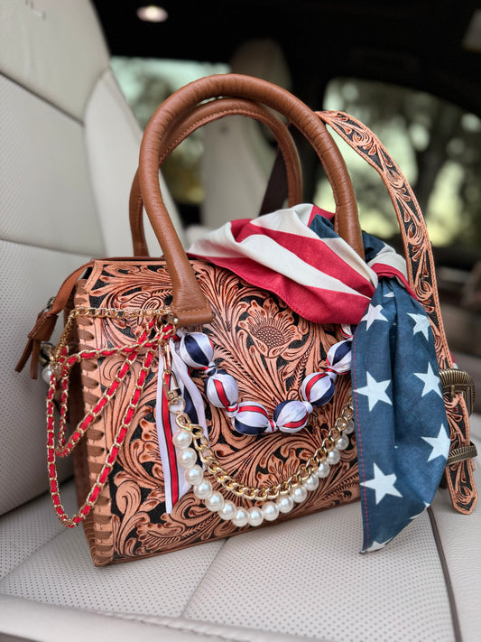 “American Honey“- tan and black tooled leather speedy (M)
