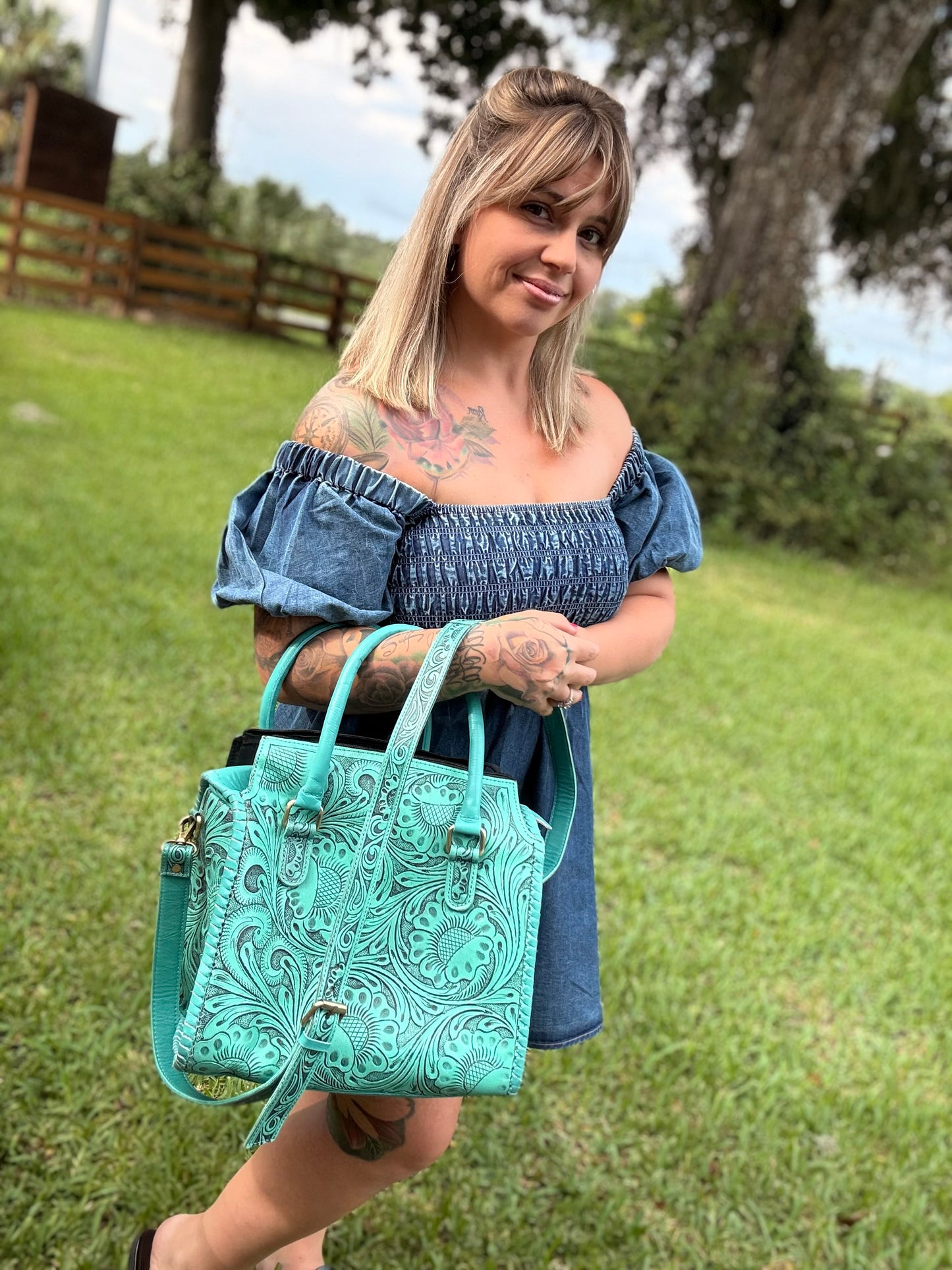 Teal - tooled leather speedy bag