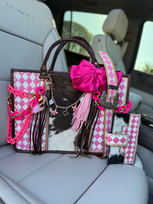 "Pink and Luxe" Dressed cowhide and pink n white checker tote bag/ wallet combo