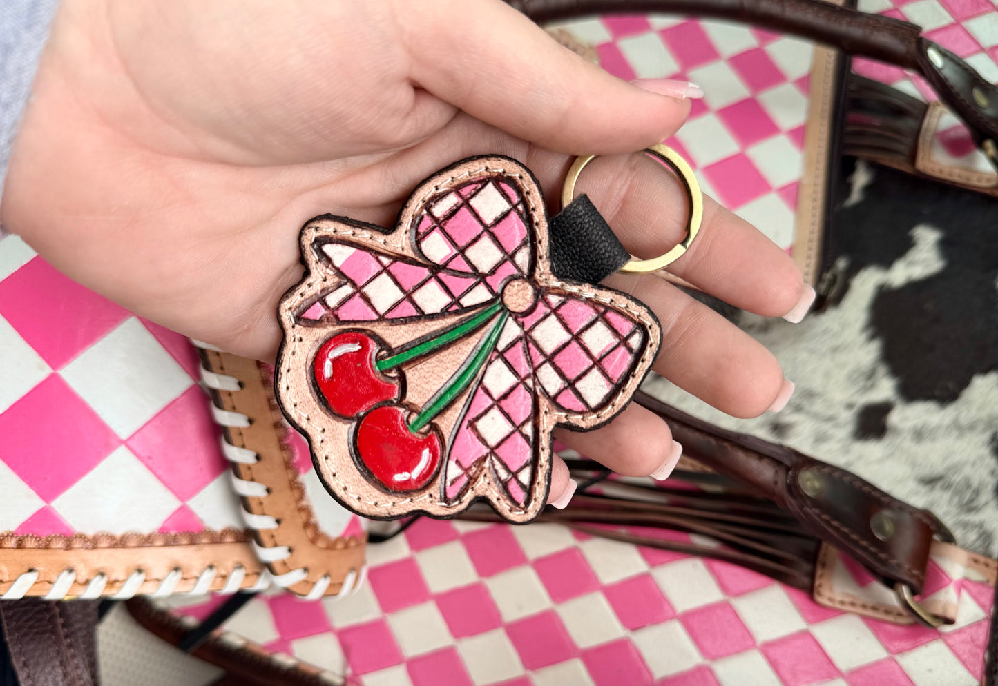 PINK -Cherry checker bow Keychain