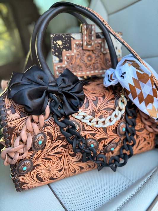 “Desert Debutante”- brown tooled leather speedy (Duffle) with wallet