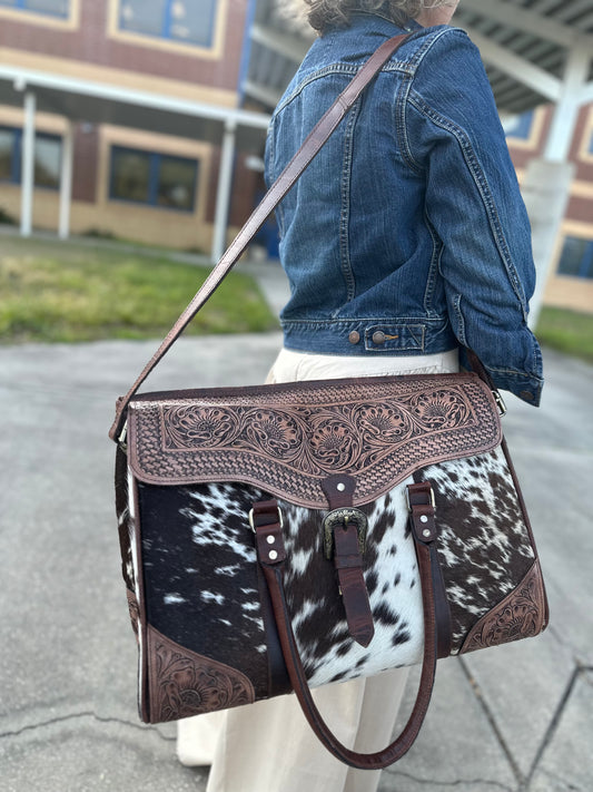 Large cowhide tooled leather bag