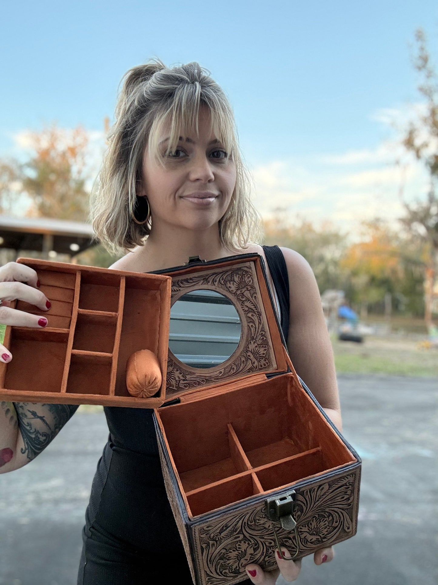 Tooled leather train case style- Jewelry box