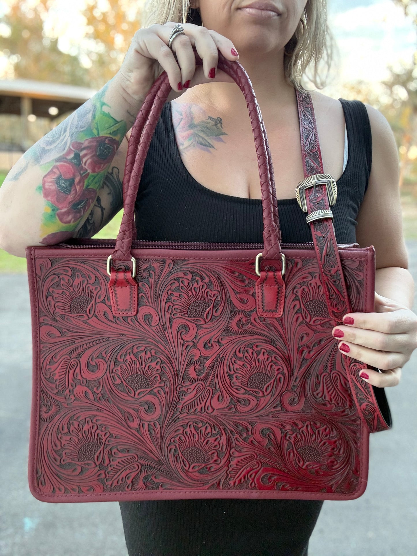Red tooled leather tote bag
