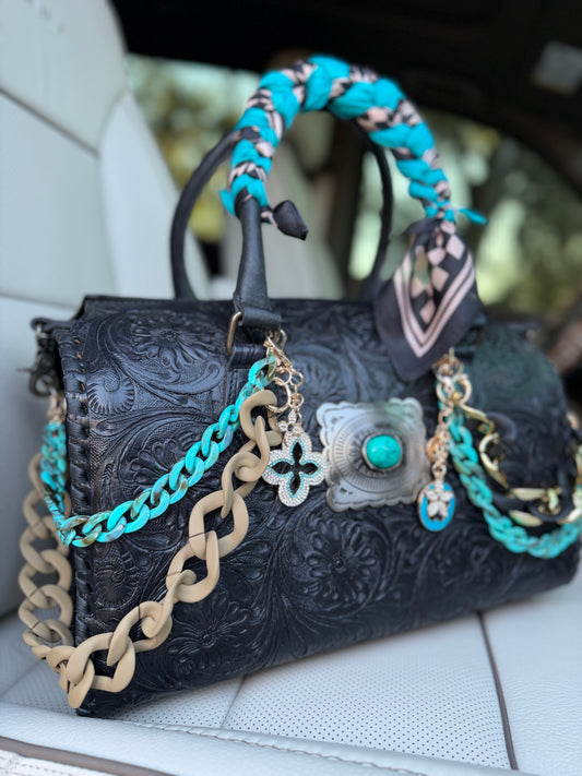 "Dark teal lux" - black tooled leather speedy duffle