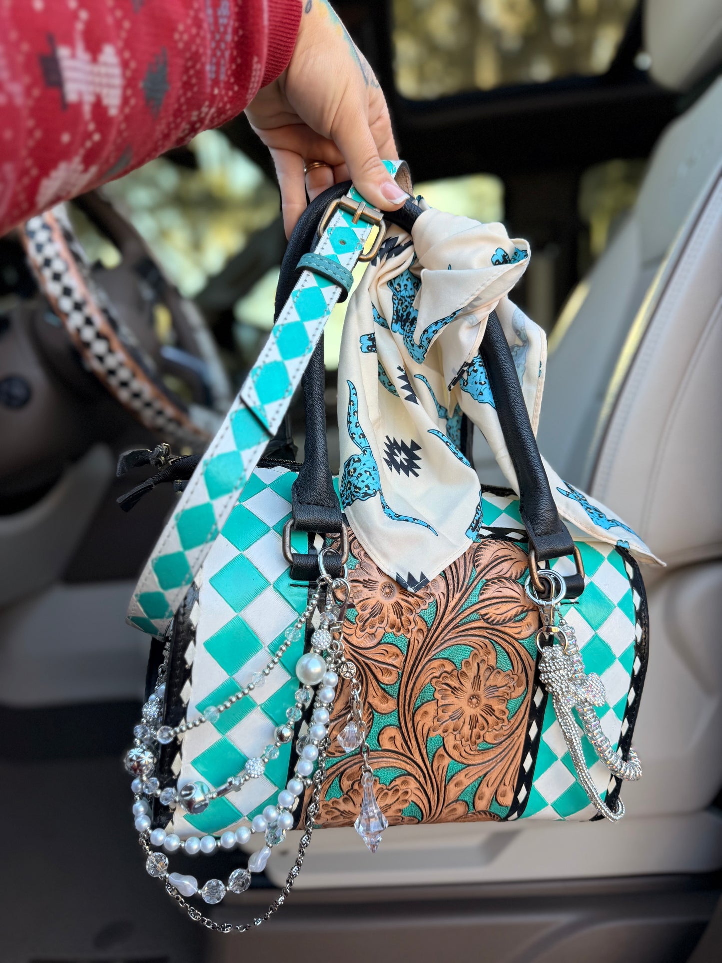 “Pearls at High Noon”- teal and white tooled leather speedy (M)