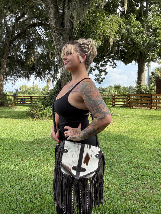 Cowhide beaded braided purse