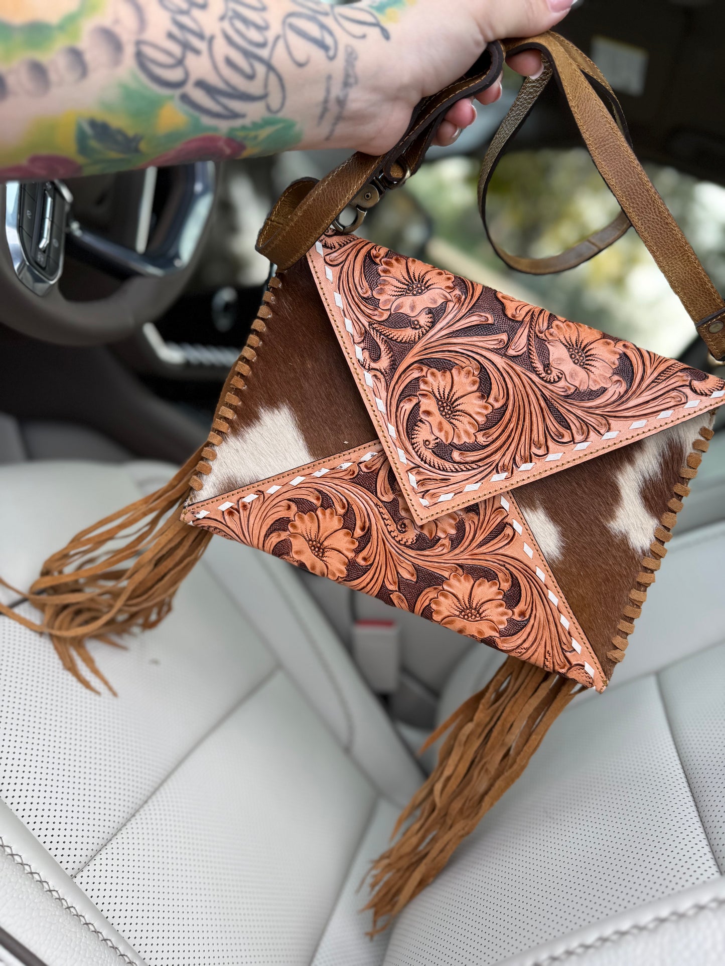 Tooled leather/ cowhide envelope purse