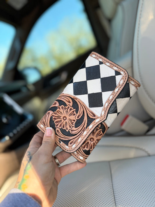 Tooled checker print leather checker wallet
