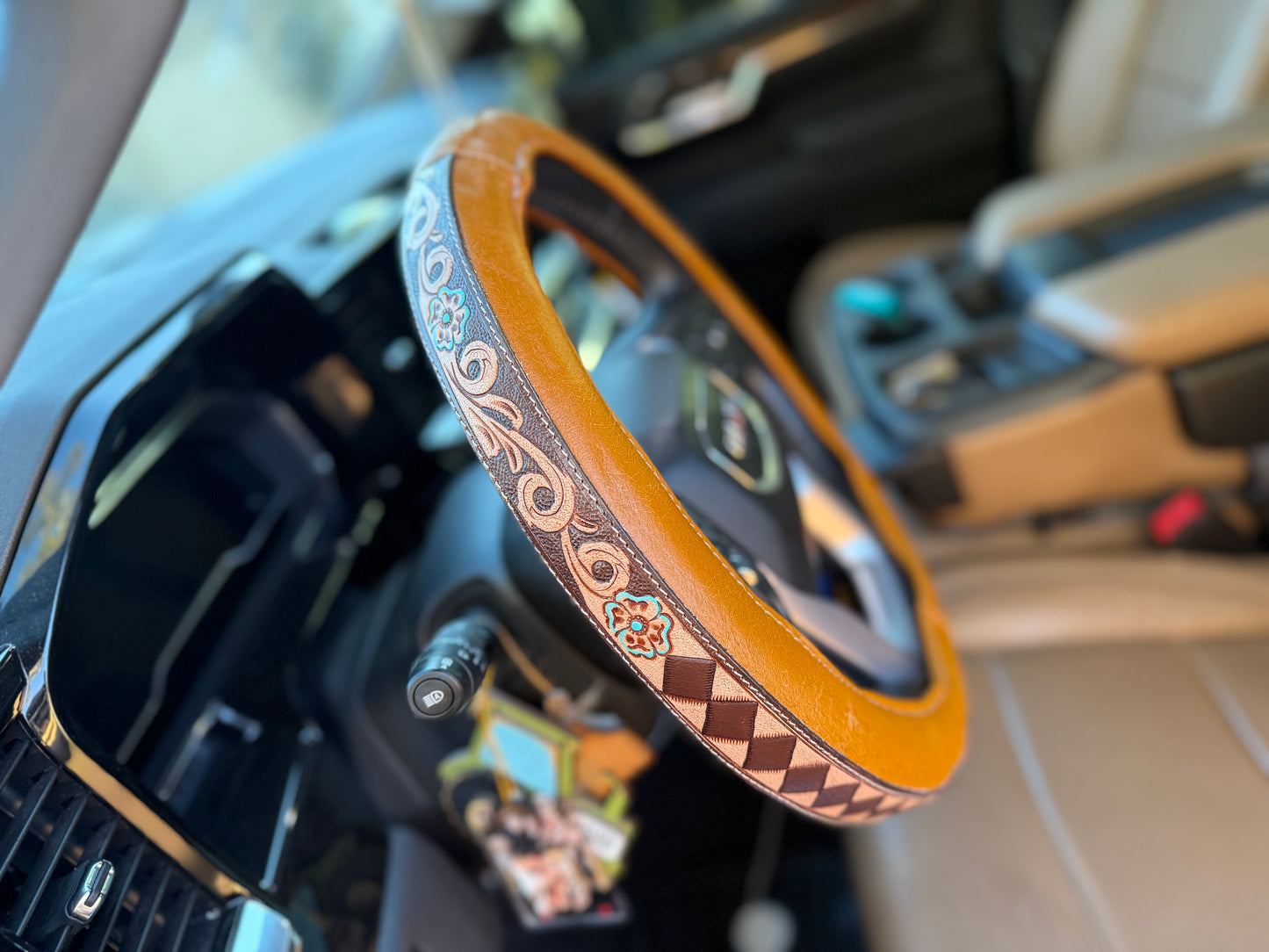 Floral checker 16 “ tooled leather steering wheel cover - read description before purchase