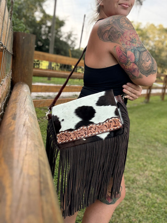 Tooled cowhide purse