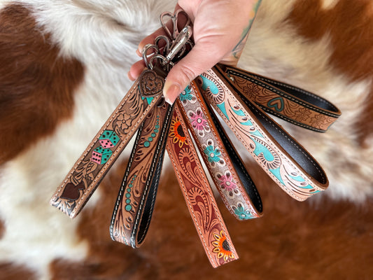 Pick your color tooled leather wristlet keychain