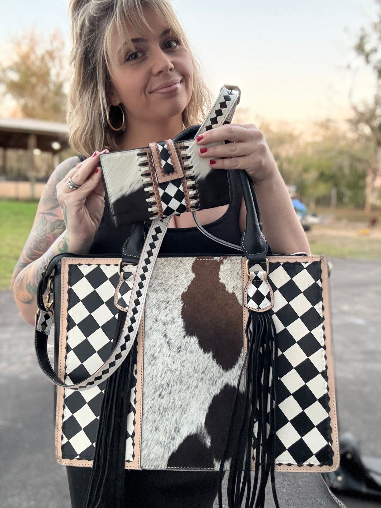 Checker print / cowhide Tote and wallet set