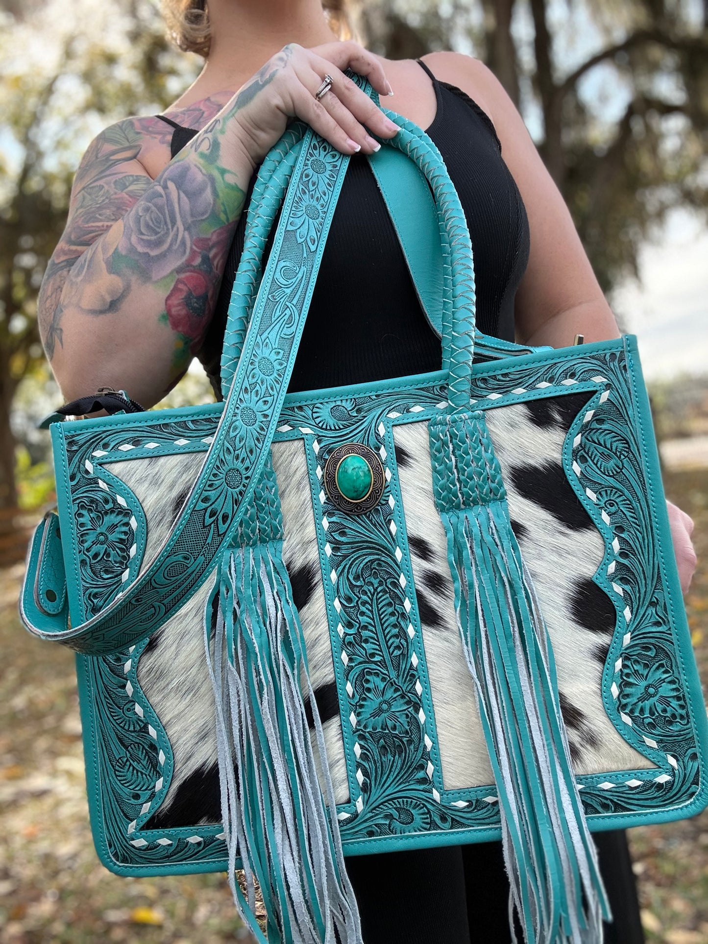 Teal tooled leather/ cowhide set