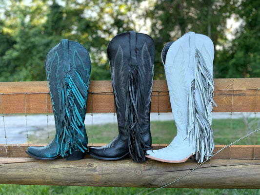 Black Tall Fringe Wide Calf Friendly Snip Toe Cowgirl Boot - White