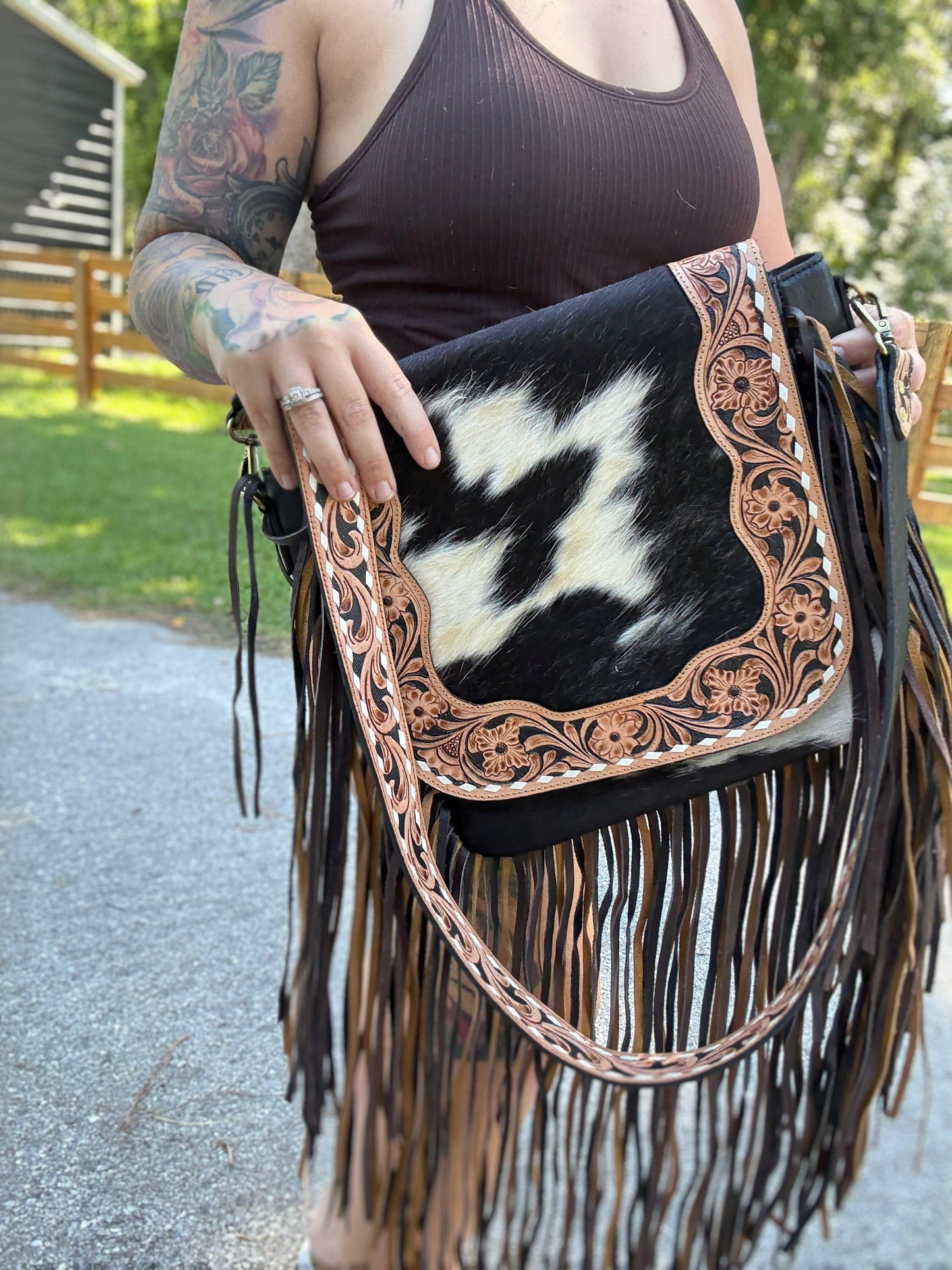 Tooled fringe cross body comes with free wallet and card holder