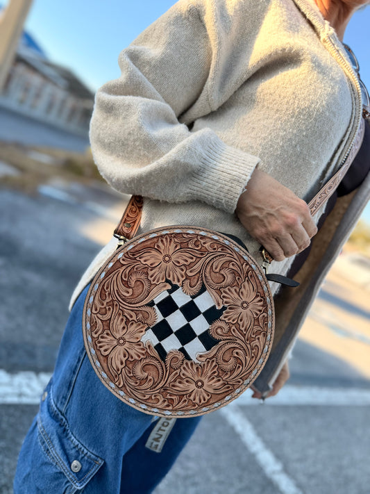 Tooled leather checker canteen purse