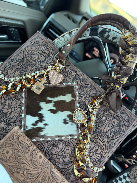"Savanna Duchess," Dressed cowhide and tooled leather tote bag/ wallet combo