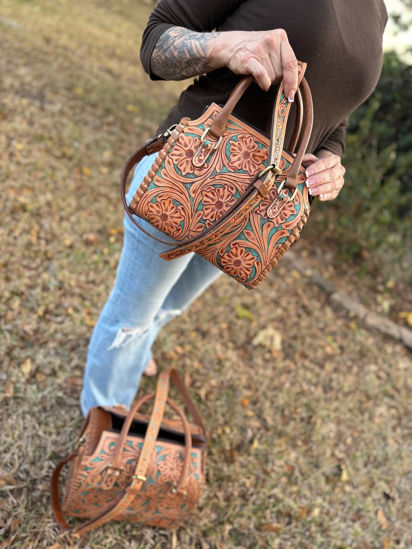 Brown/turquoise tooled leather speedy (M)