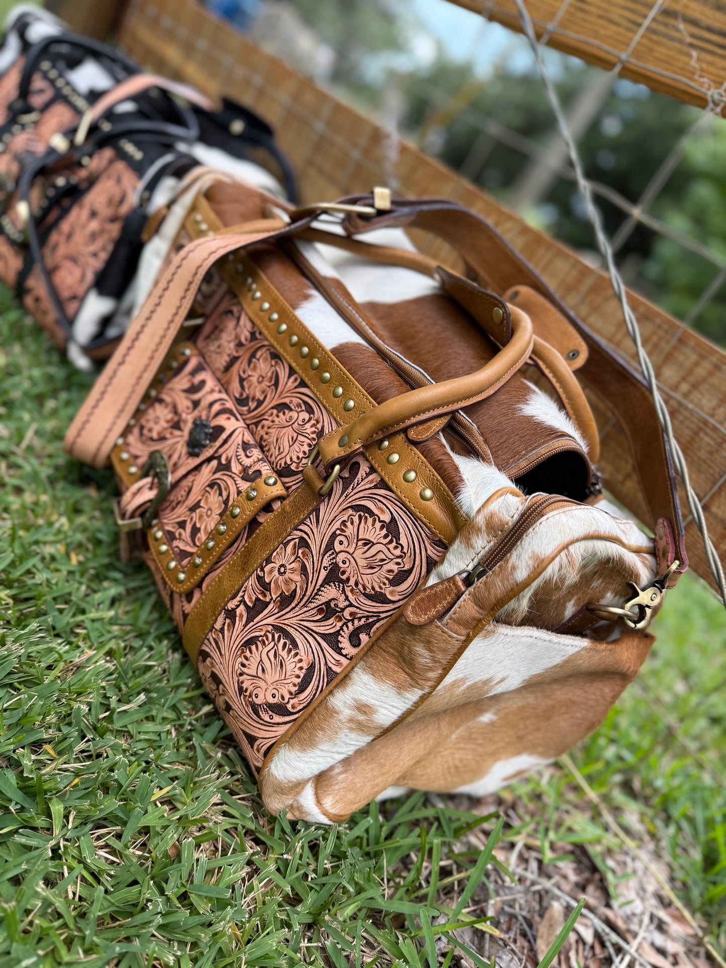 Duffle tooled leather and cowhide