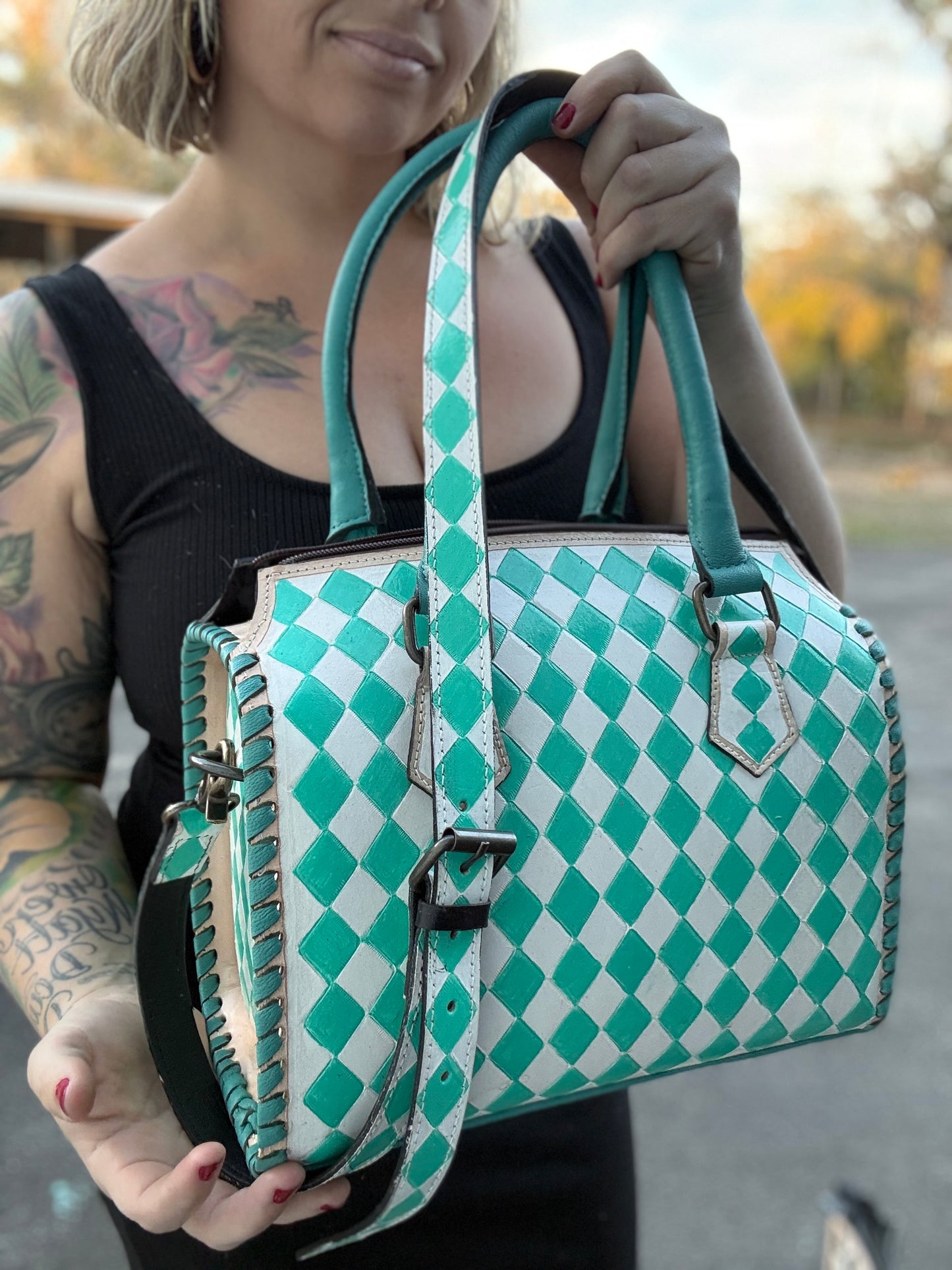 Medium TEAL checker print speedy tote