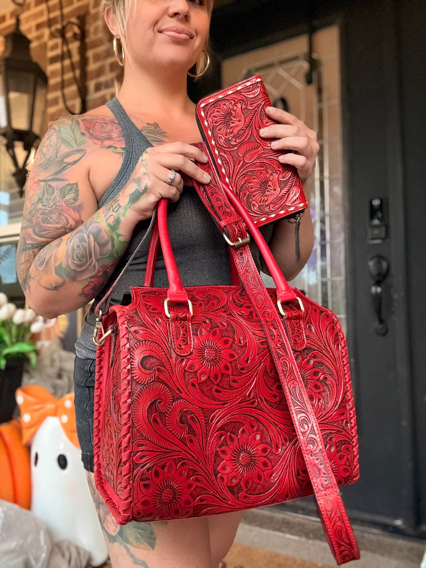 Red - tooled leather Speedy bag