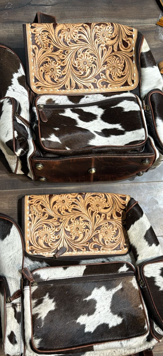 Cowhide tooled leather bookbag