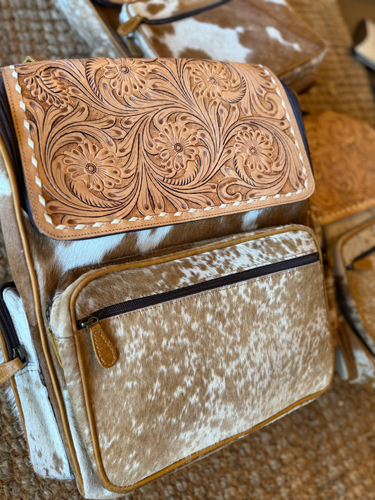 Cowhide tooled leather bookbag